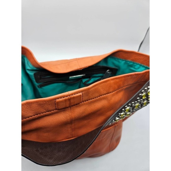 Gianni Bini Womens Zip Top Orange‎ Solid Leather Shoulder Handbag Jewel Strap - Picture 14 of 14